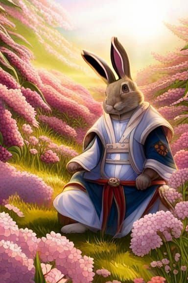 Adorable Samurai Rabbit Warrior in Flower Field