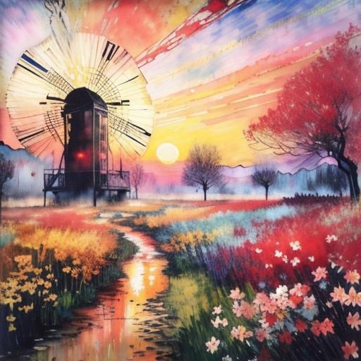 Encaustic Spring Landscape with Chaotic Sunset