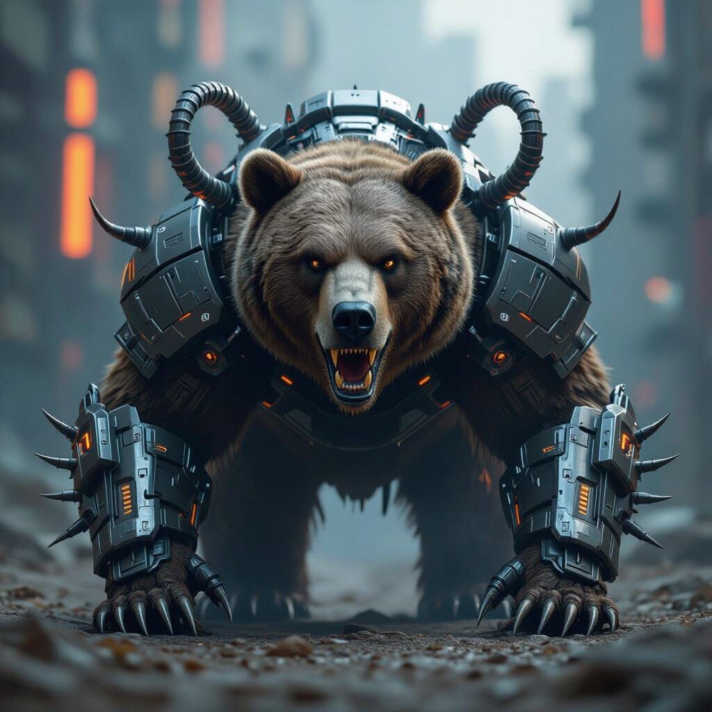 Futuristic Grizzly Bear with Metallic Tentacles