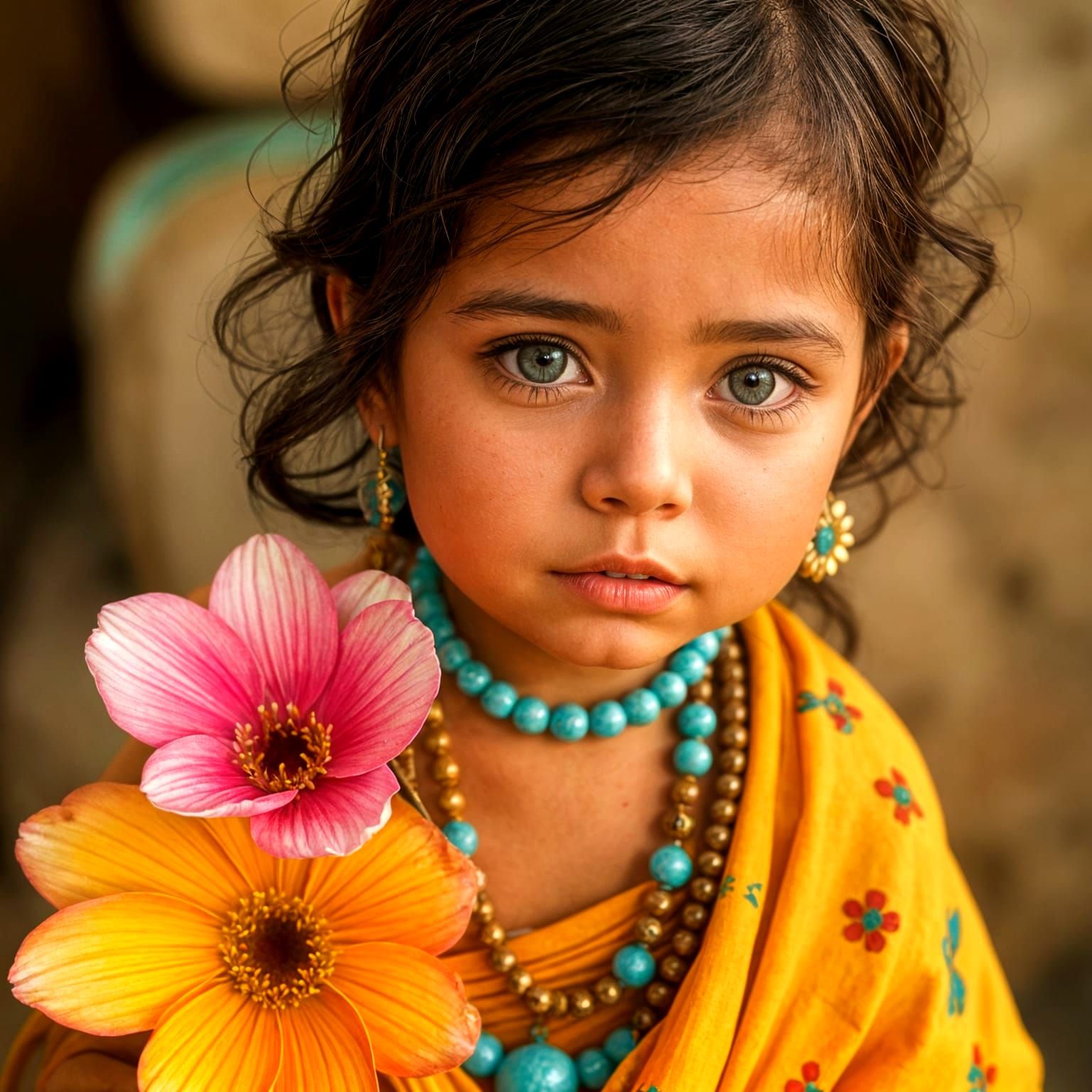 Child with Turquoise Jewelry and Flowers