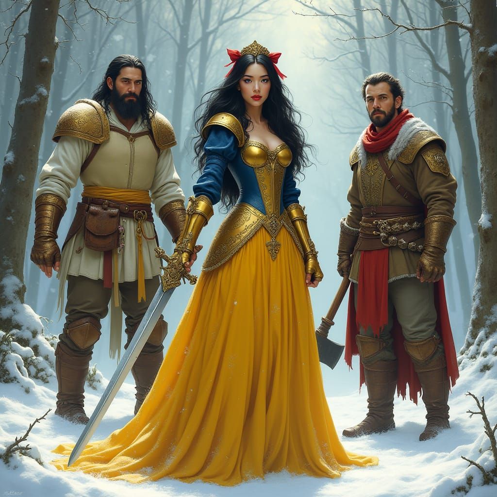 Medieval Snow White Warrior in Winter Forest