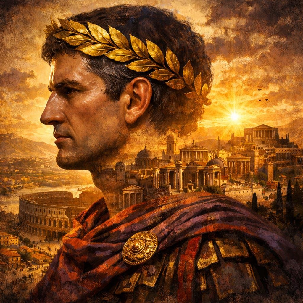 Roman Emperor in Italian Countryside Double Exposure