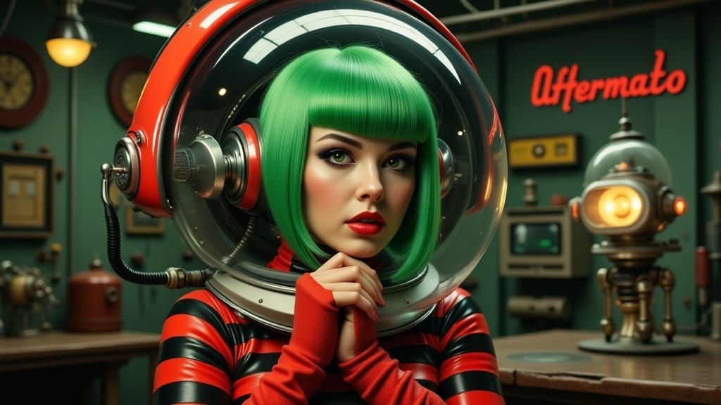 Retro-Futuristic Space Rogue Woman in Distressed Laboratory