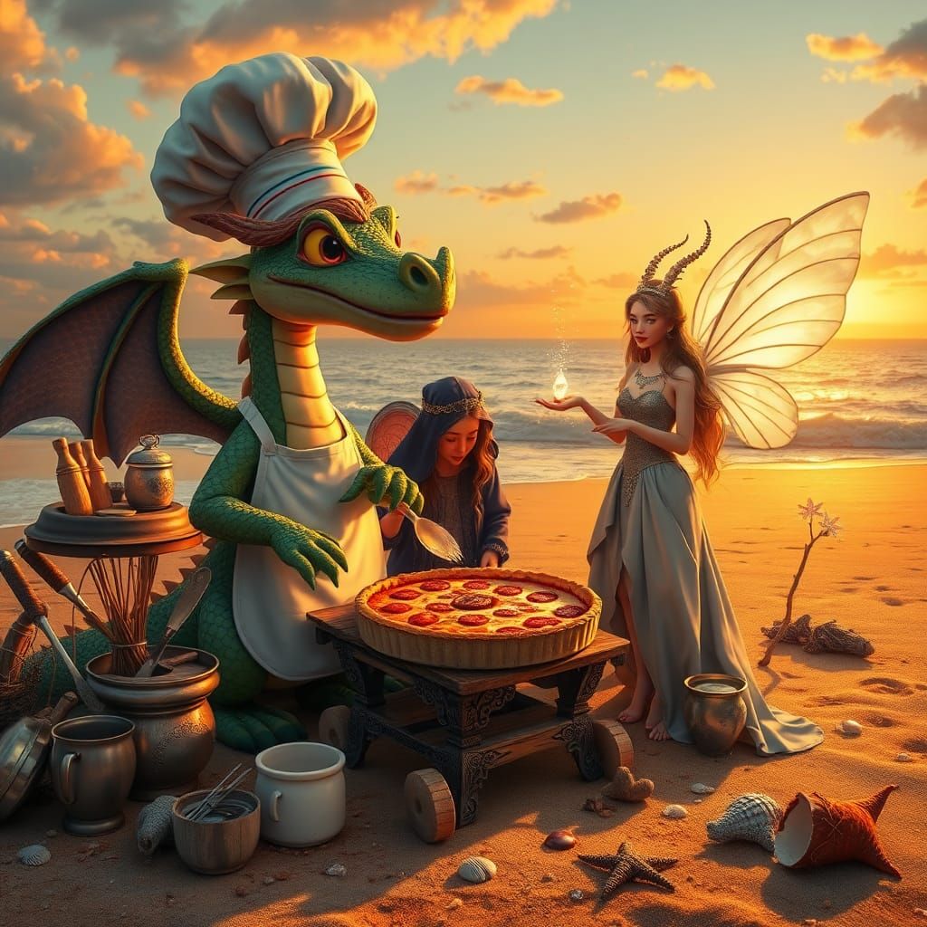 Dragon Chef's Beach Quiche: A Hyperrealistic Fantasy