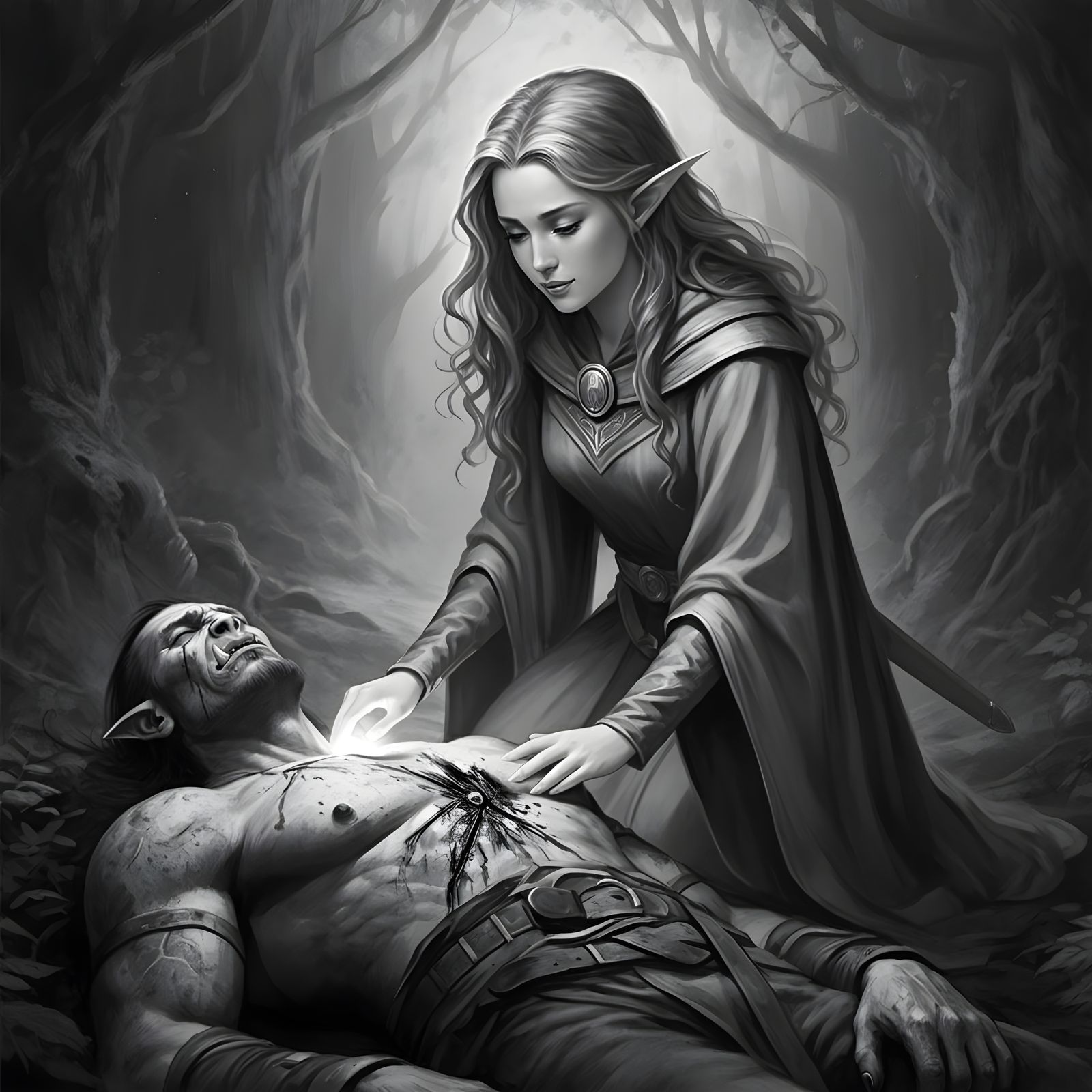 Ethereal Cleric Heals Wounded Orc in Dark Fantasy Landscape
