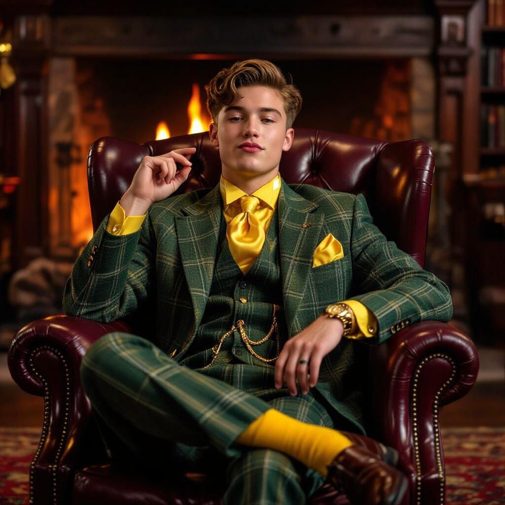 Teenage Boy in Green Tweed Suit Blowing Kiss in Library