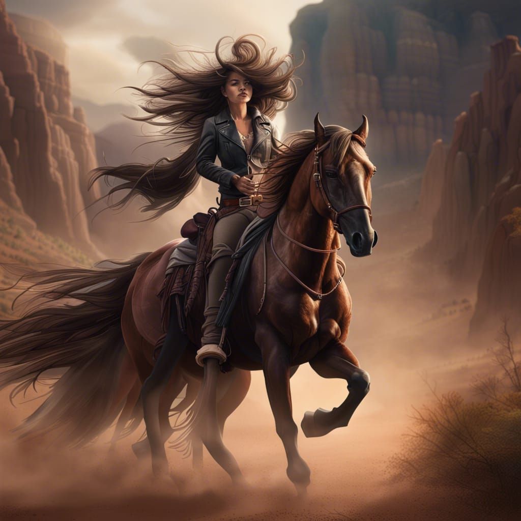 Latin Cowgirl Rides Horse in Wild West Canyon