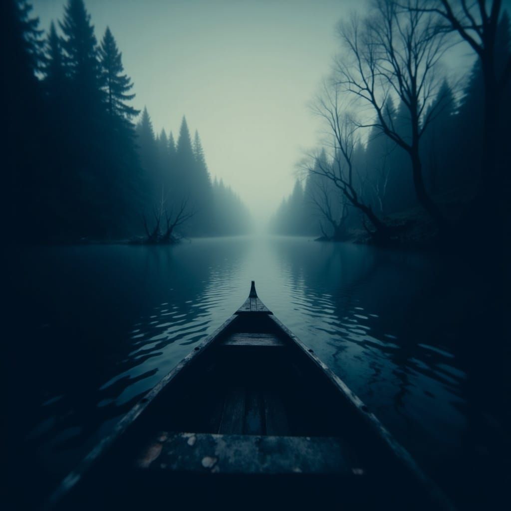 Eerie Lake Scene with Glowing Red Eyes