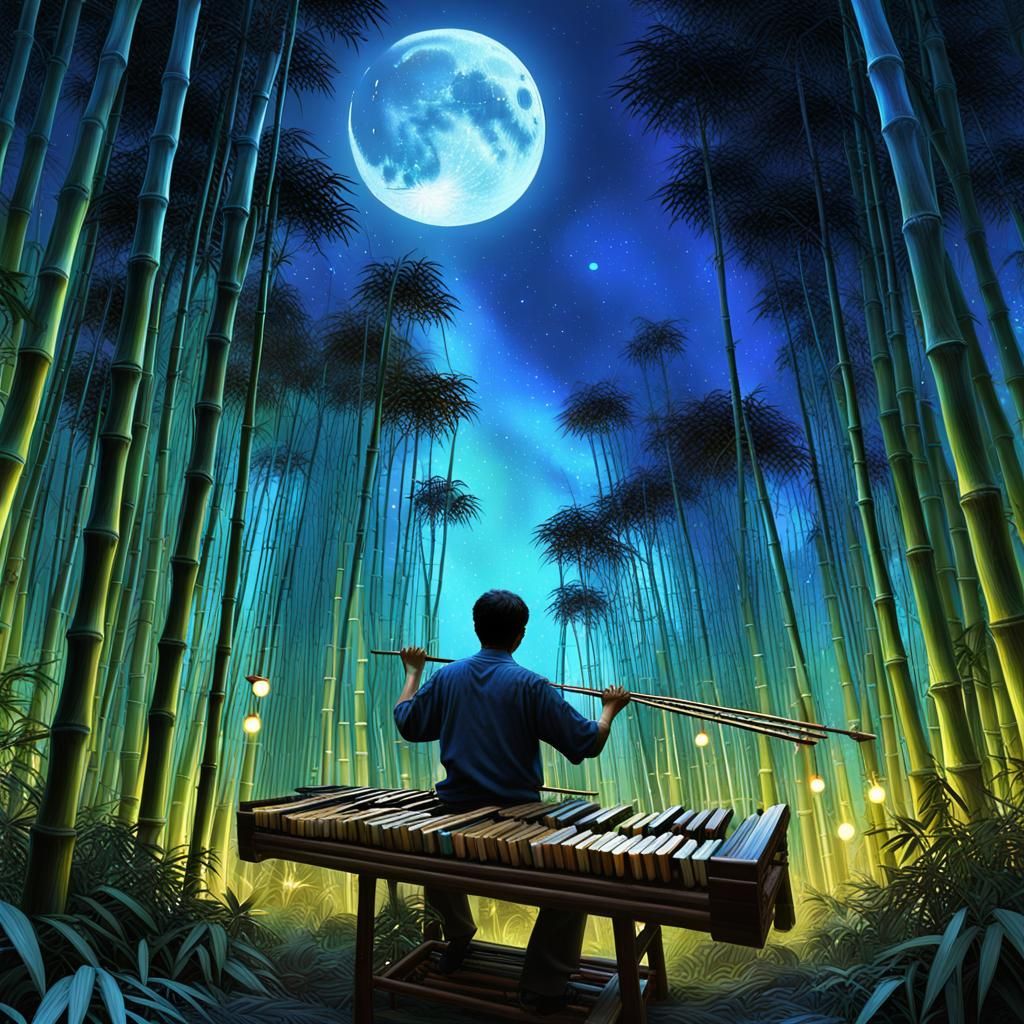 Asian Twilight Scene with Bamboo Marimba in Fantasy Art