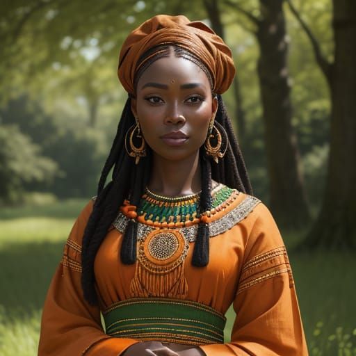 African Woman in Traditional Orange Dress with Beads, Standi...