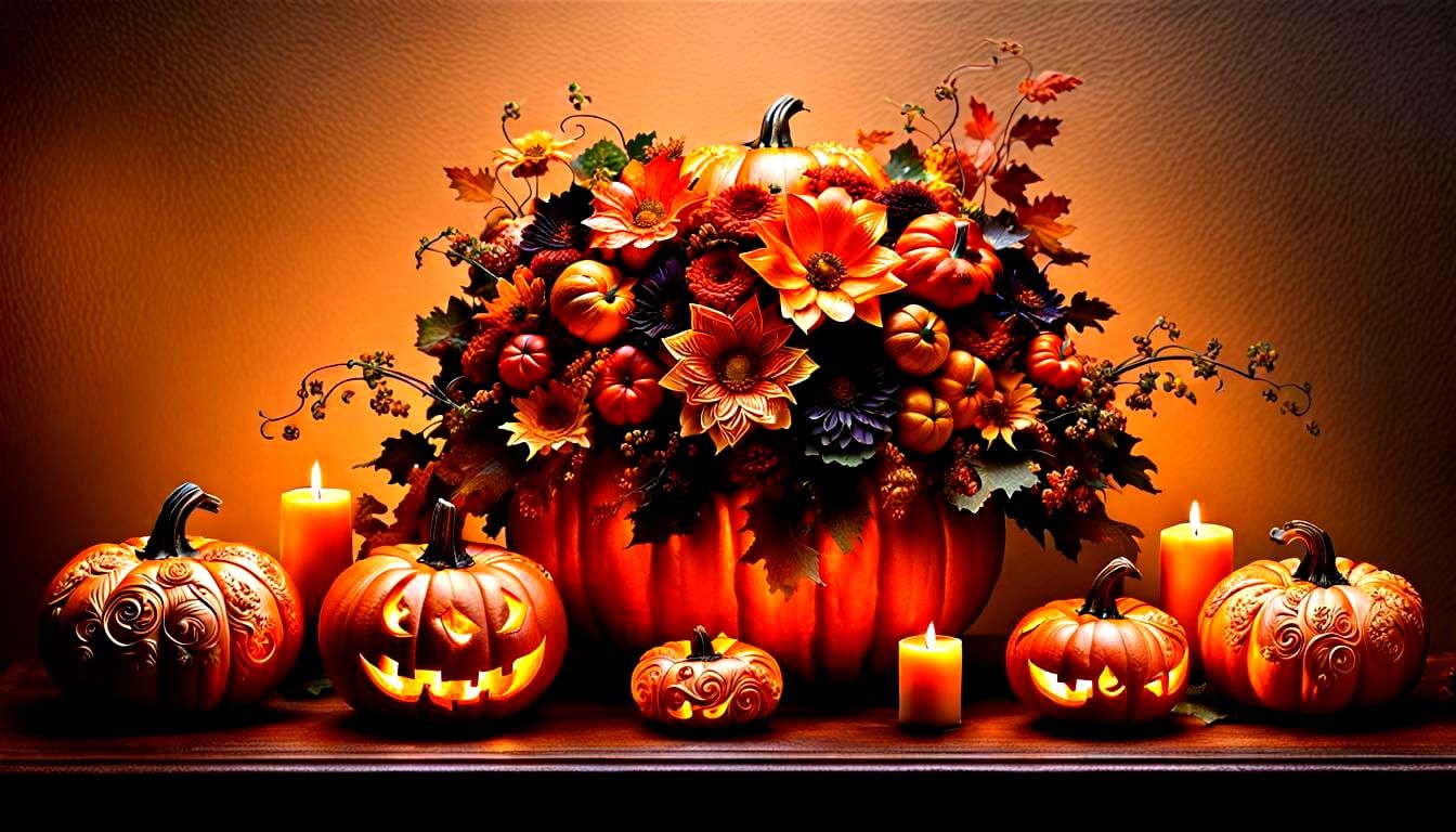 Intricate Floral Pumpkins on Autumn Table