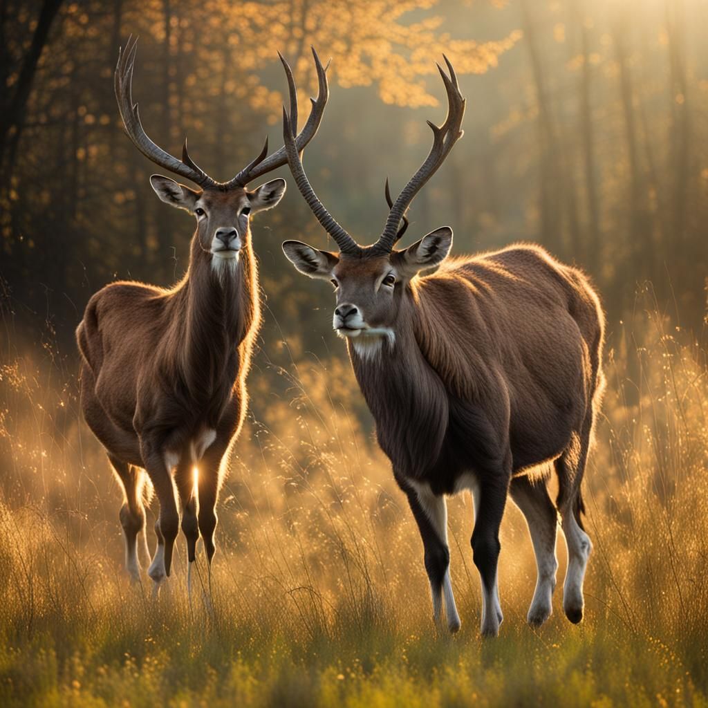 Deer Family Grazing in Forest Clearing