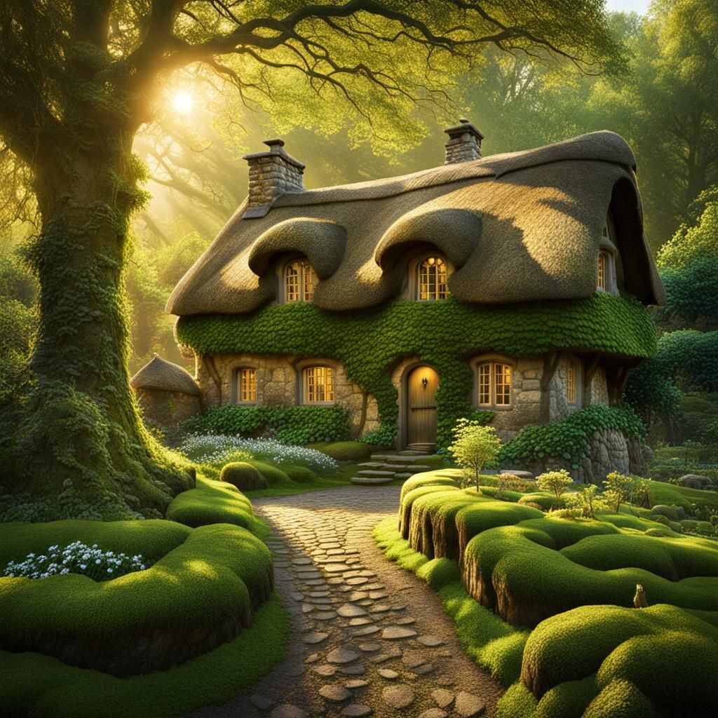 Enchanted Forest Cottage with Glowing Bookshelf