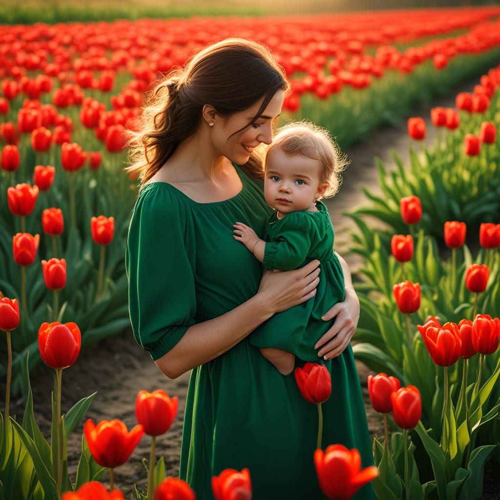 Woman and Child in Tulip Field: Realistic Portrait