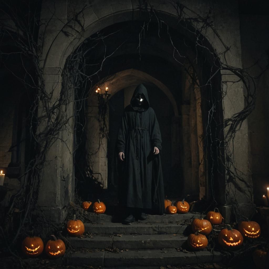 Ominous Figure on Halloween Staircase in Dark Fantasy Style