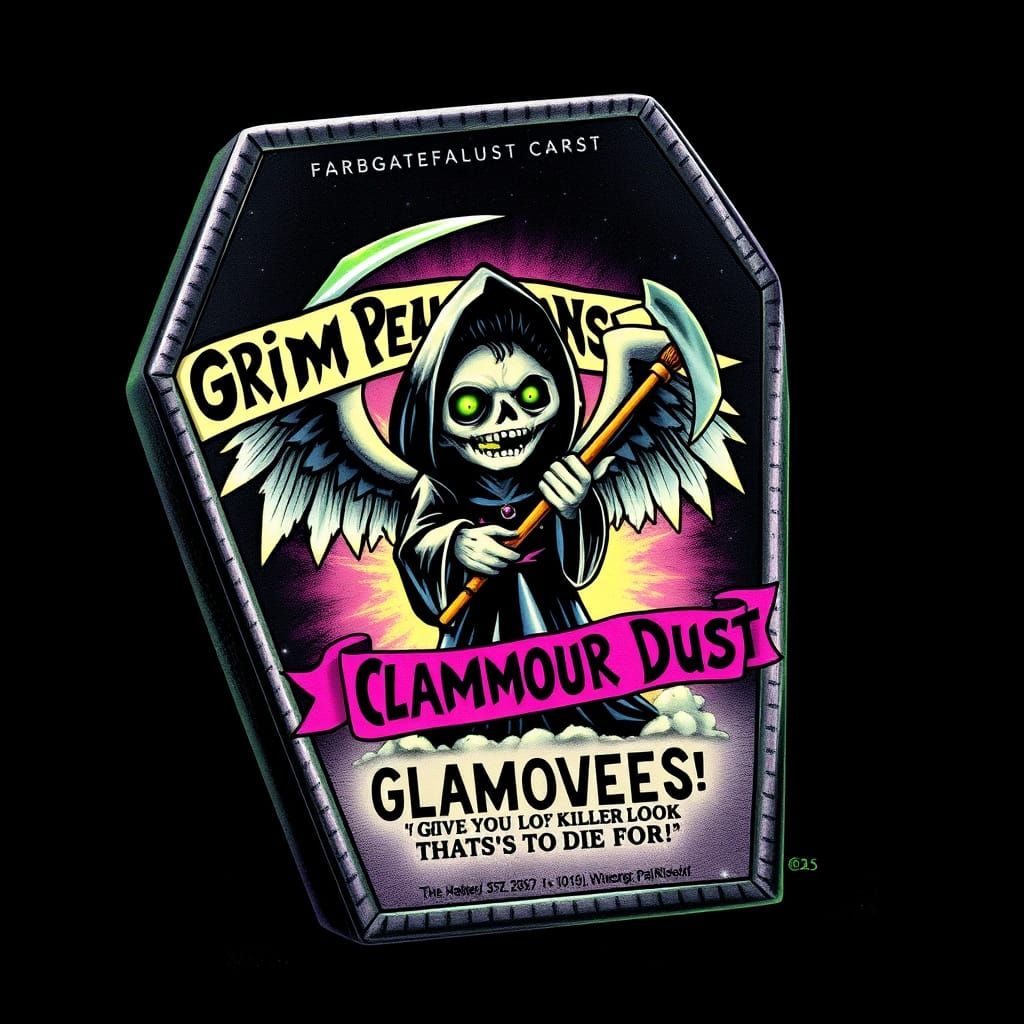 Grim Reaper's Glamour Dust in Dark Humor Style