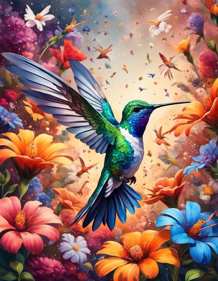 Hummingbird in Vibrant Floral Scene