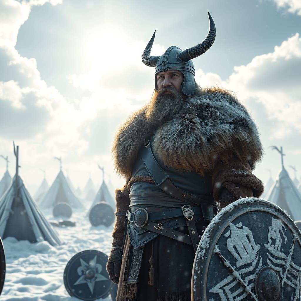 Viking Warrior in Snowy War Camp with Divine Glow