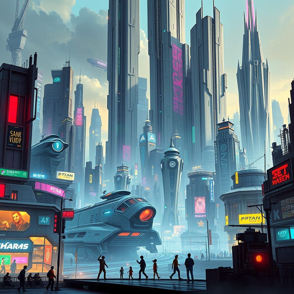 Glowing Metropolis of the Future in Cyberpunk Aesthetic