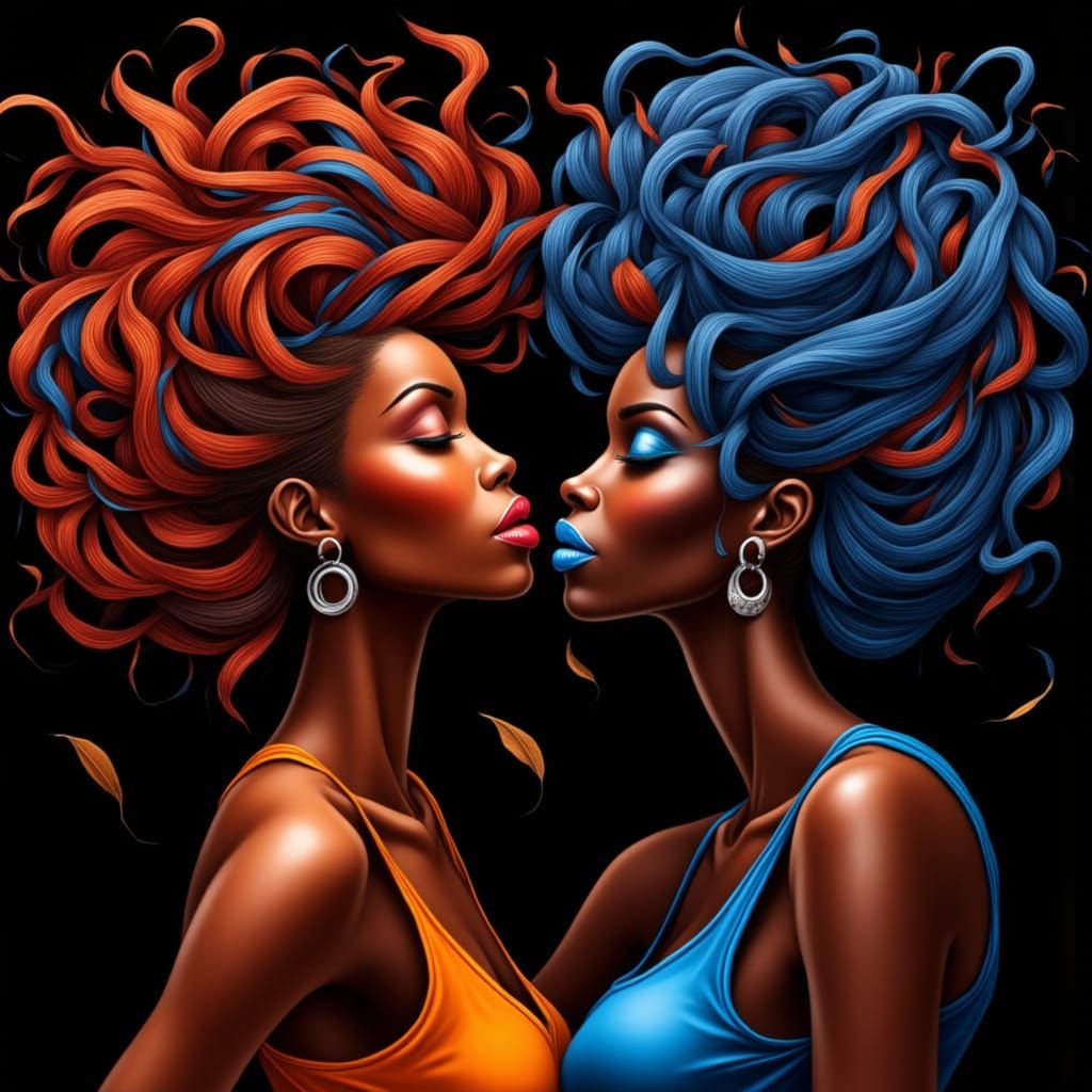 Surreal African-American Women in Profile, Entwined in a Dre...