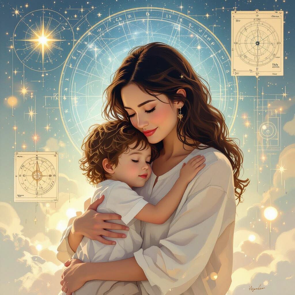 Mother and Child Embrace with Celestial Charts