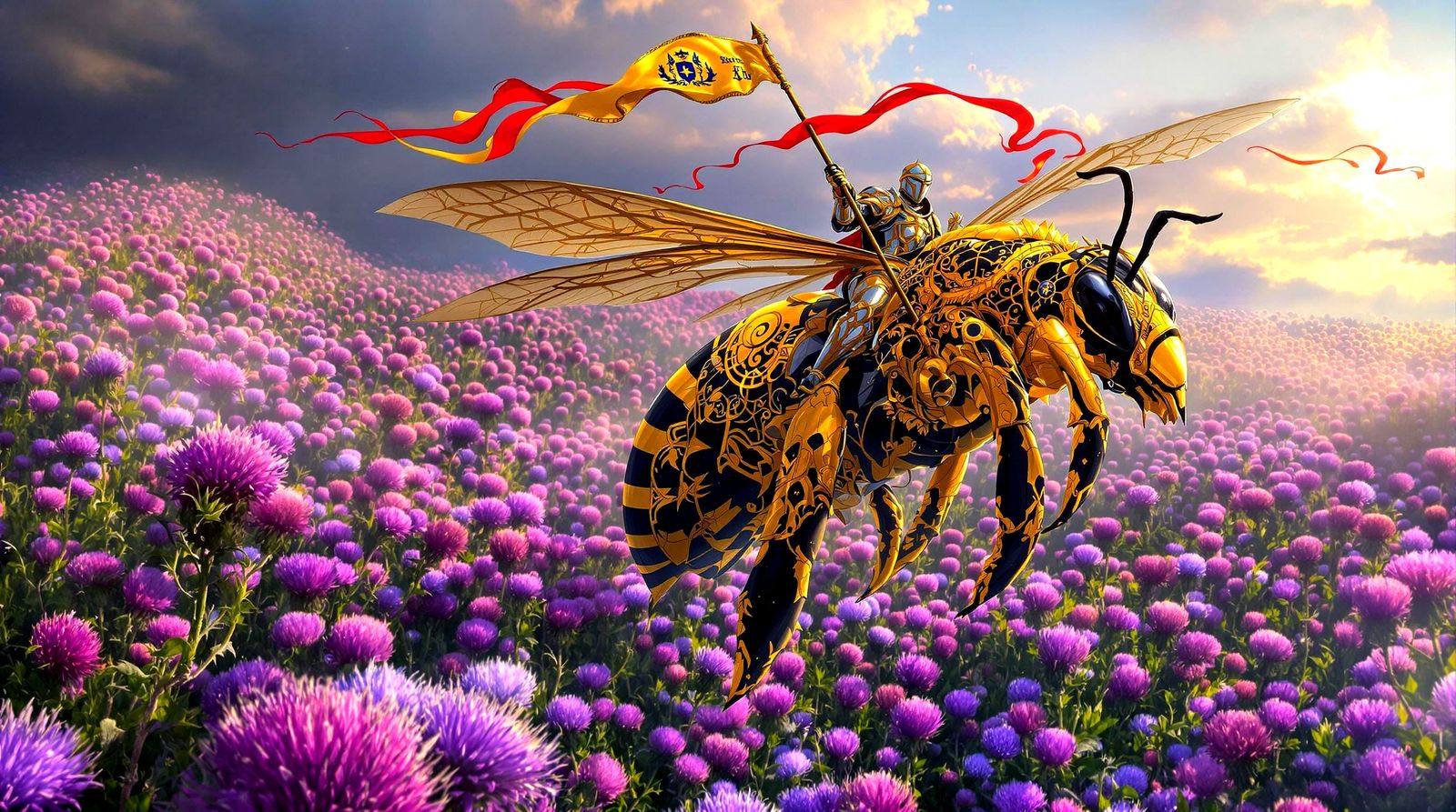 Gigantic Bee Carries Knight in Ornate Armor Over Purple This...