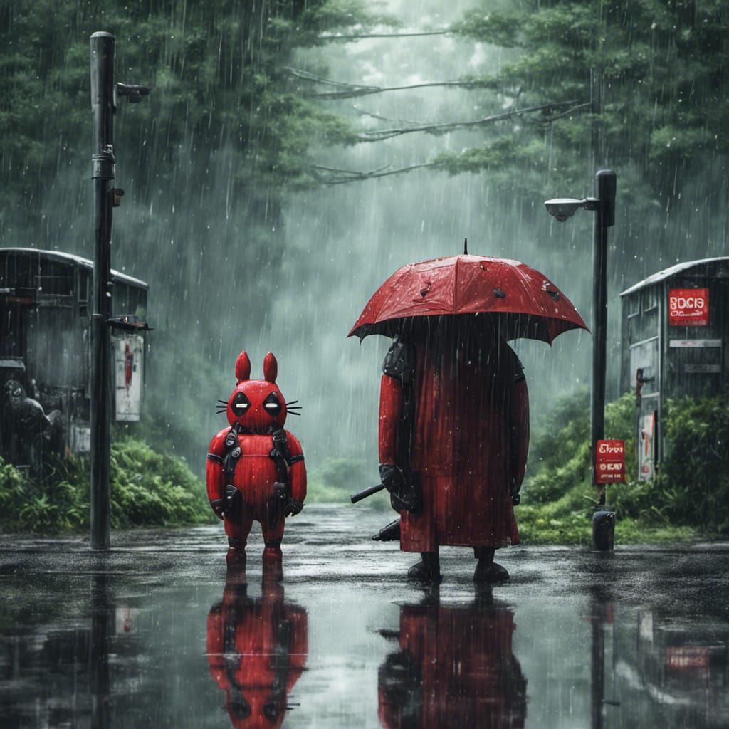Totoro and Deadpool at Bus Stop in Ghibli Style