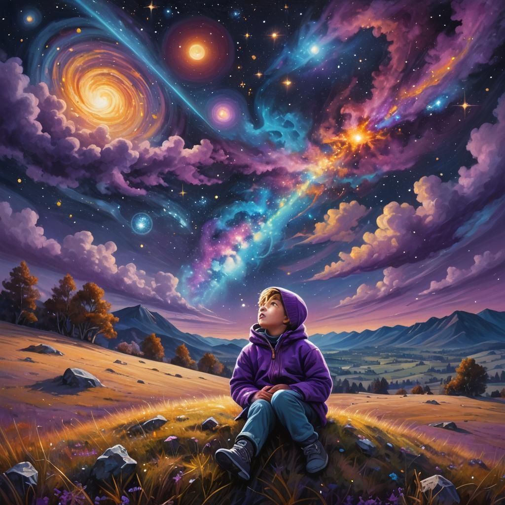 Child Stargazing at Surreal Astral Explosion