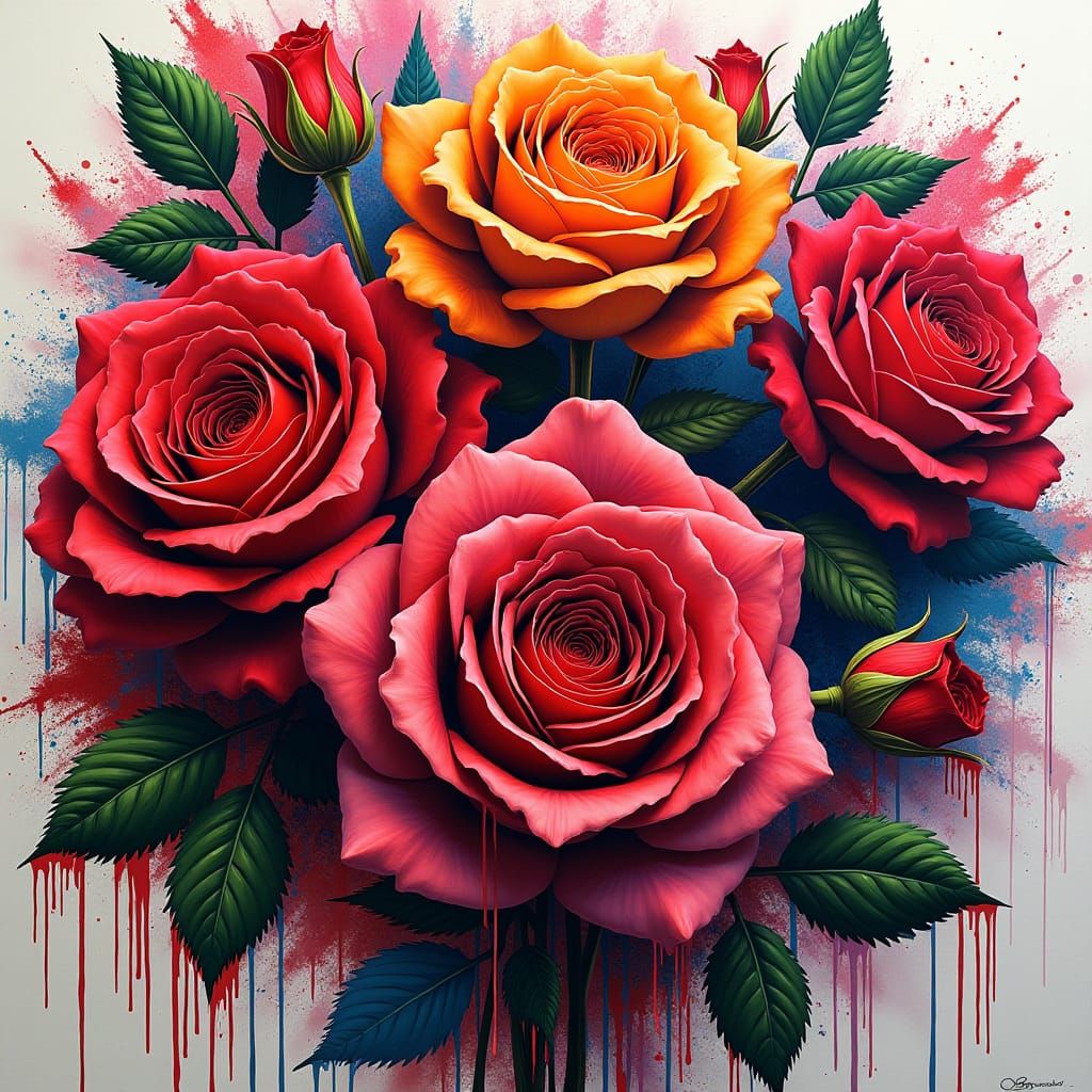 Vibrant Roses with Graffiti in Polychromatic Colors