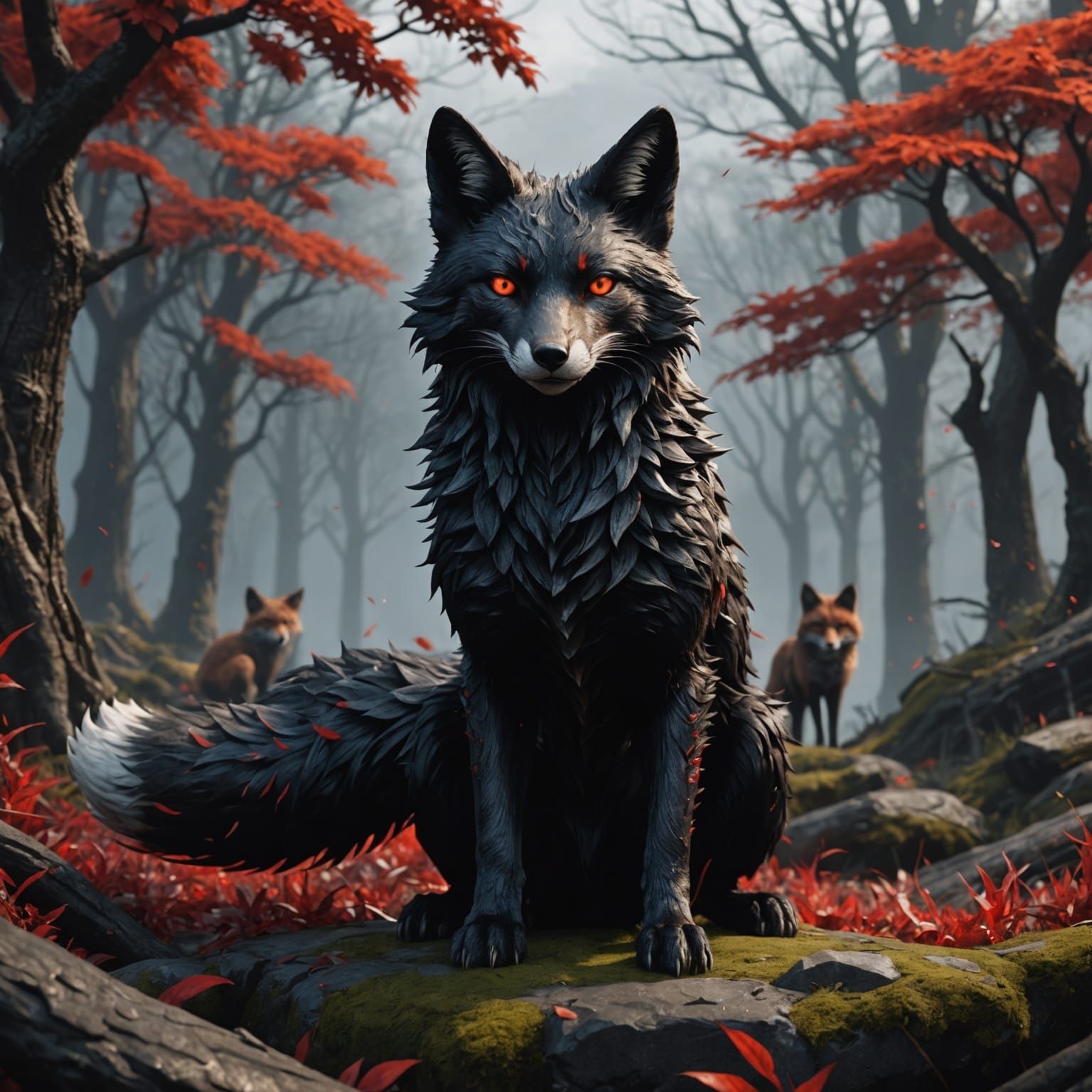 Black Kitsune with Red Eyes: Fantasy Art