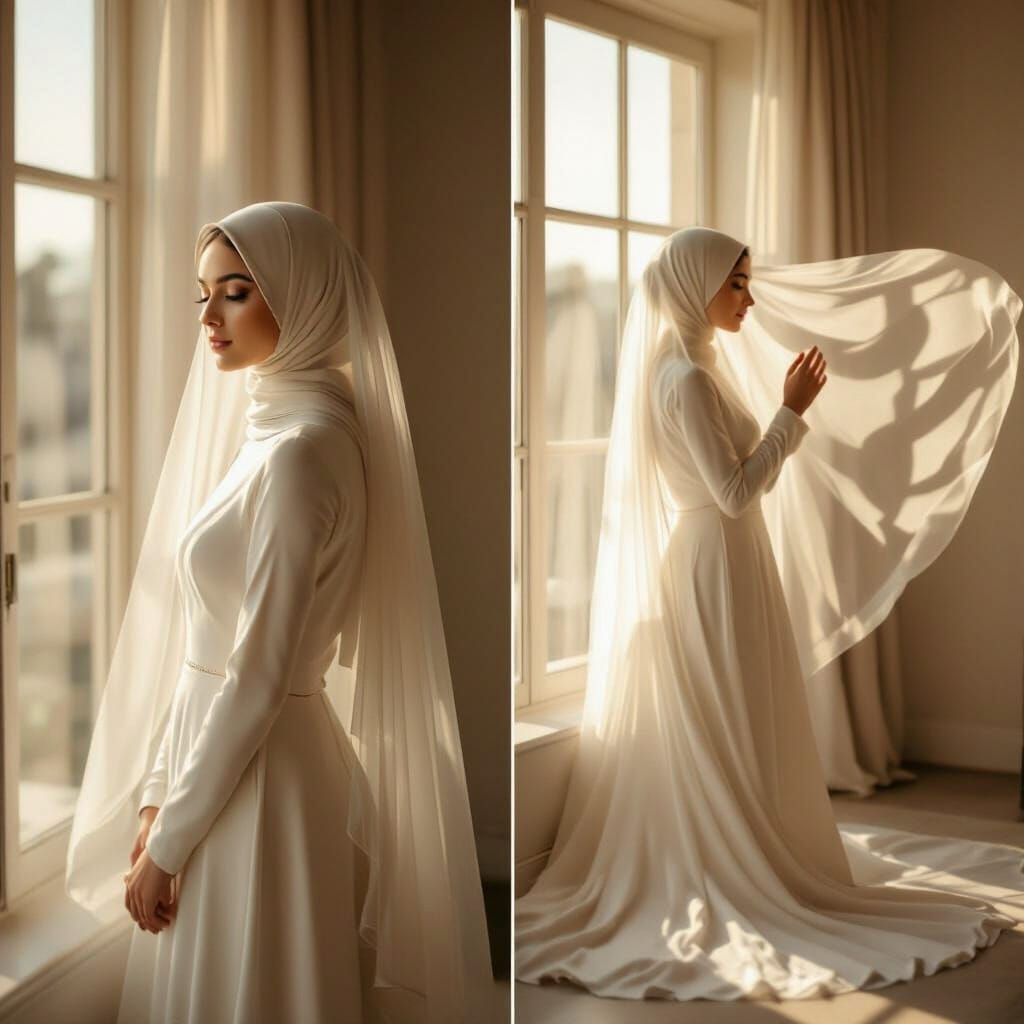 Elegant Modest Bride in Minimalist Room with Flowing Veil