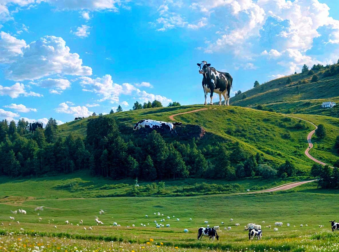 Giant Cow Sculpture Overlooking Prairie Landscape