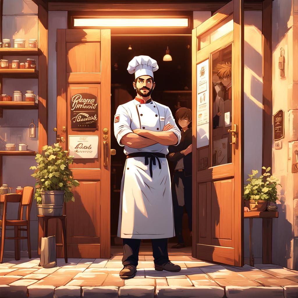 Italian Chef Welcoming Customers: 3D Anime Art