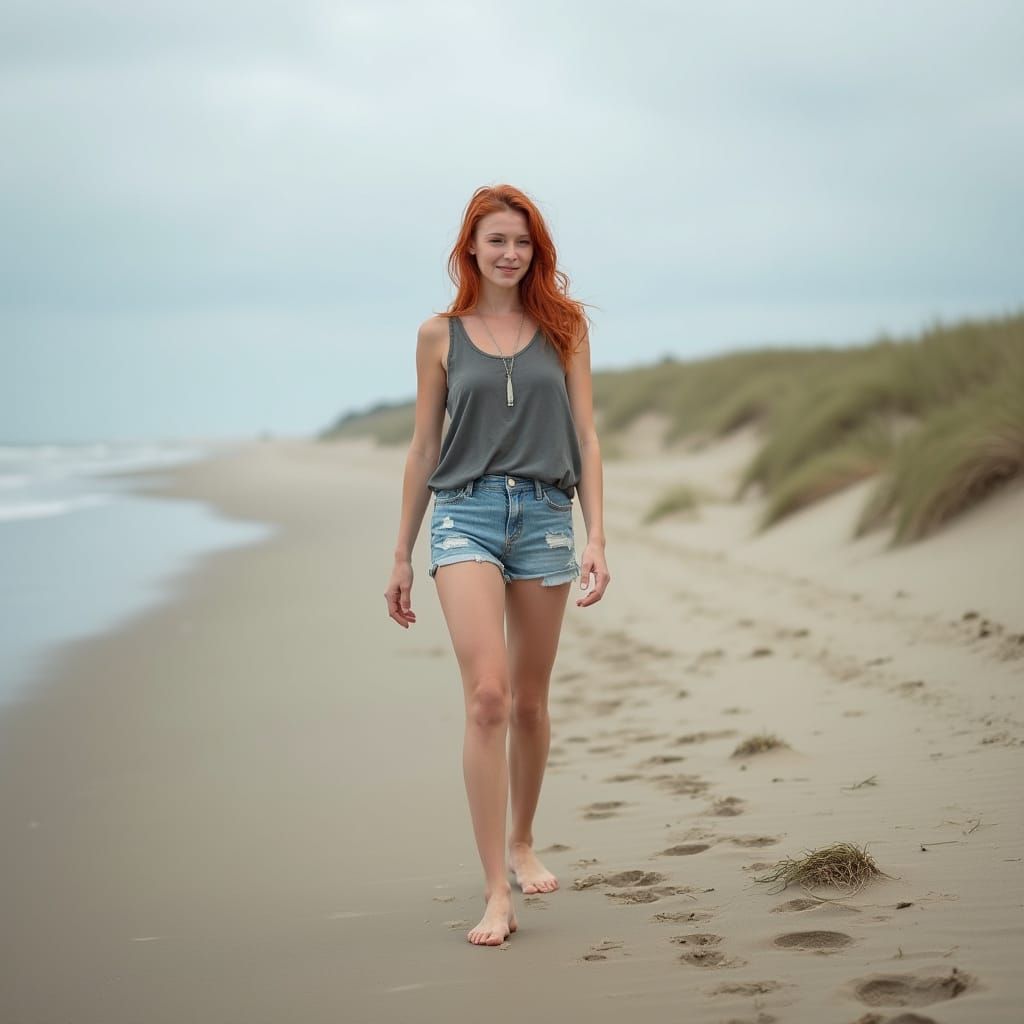 Red-Haired Woman on Föhr Beach in Ultra-Realistic Photo
