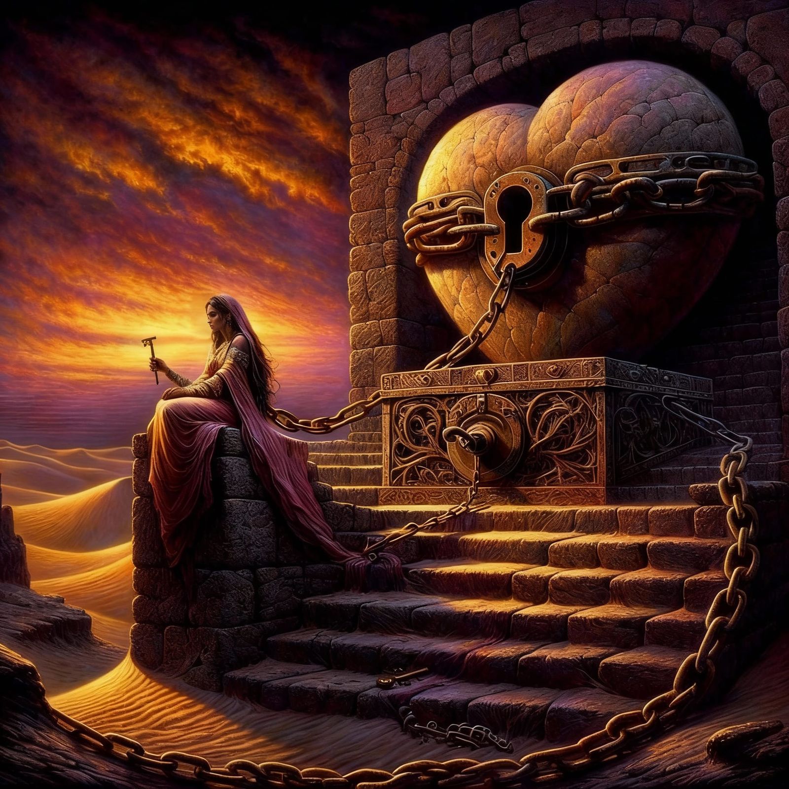 Stone Heart Locked Away in Desert Surrealism