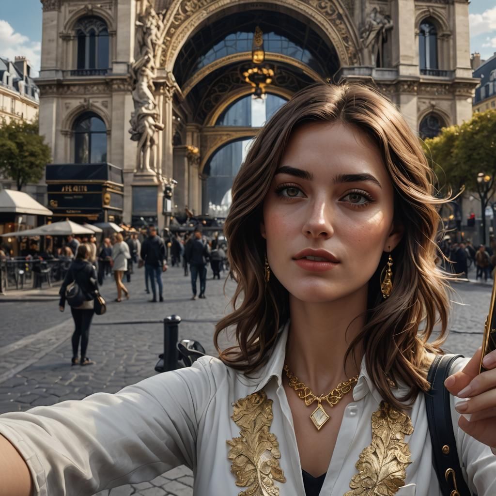 Young Woman's Selfie in Paris: Dark Fantasy Art