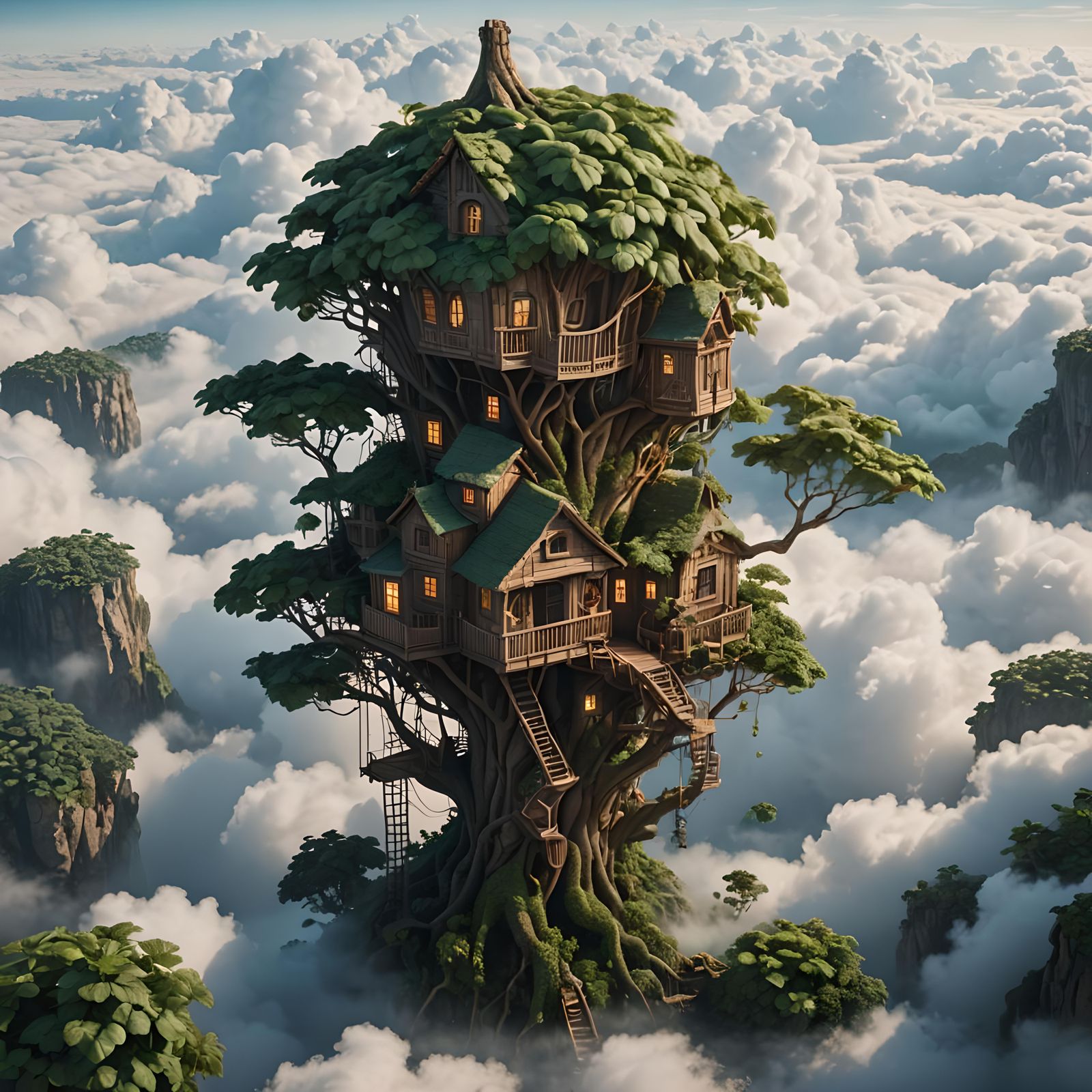 Hyperrealistic Beanstalk Treehouse Above the Clouds