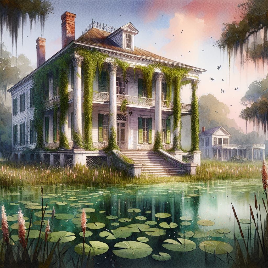 Faded Plantation Mansion with Moss in Watercolor Style