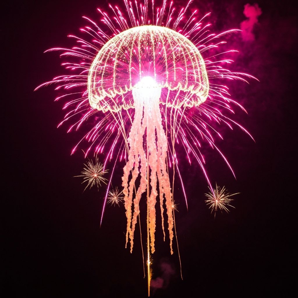 An exploding colourful firework in the form of a jellyfish