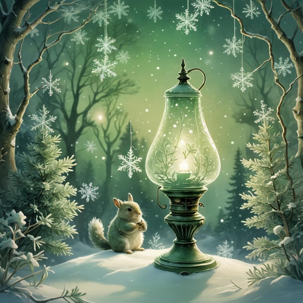 Whimsical Evergreen Lamp in Watercolor Style