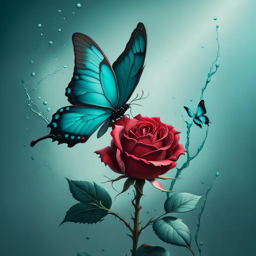 Red Rose with Teal Butterfly Splash Art