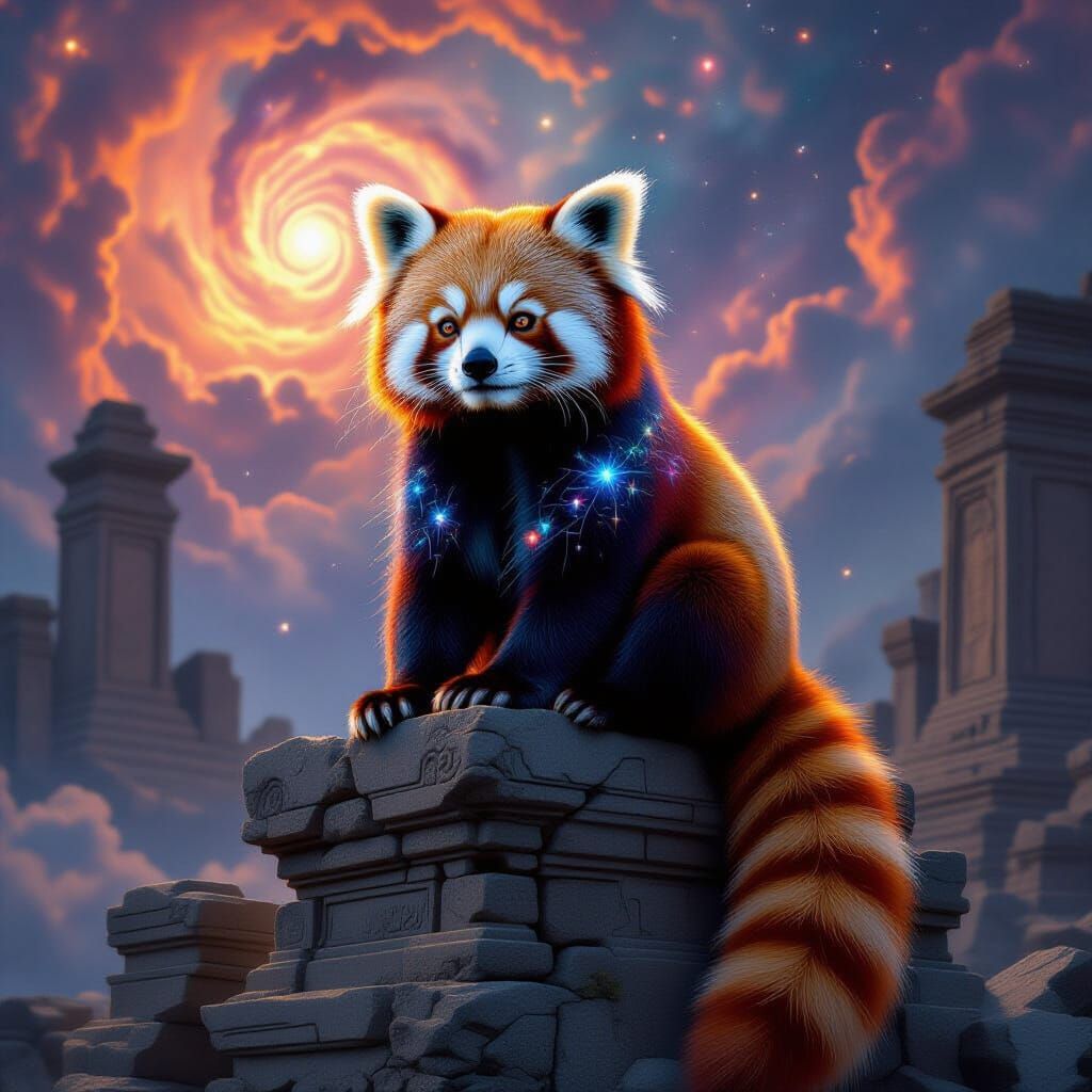 Celestial Red Panda on Ancient Ruins in Nebula Glow