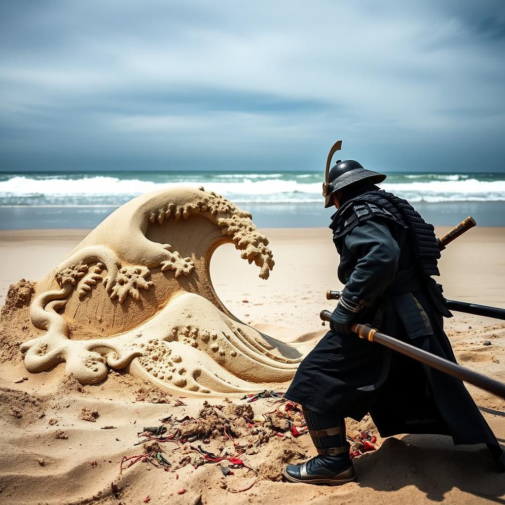 Samurai Sculpts Great Wave on Beach