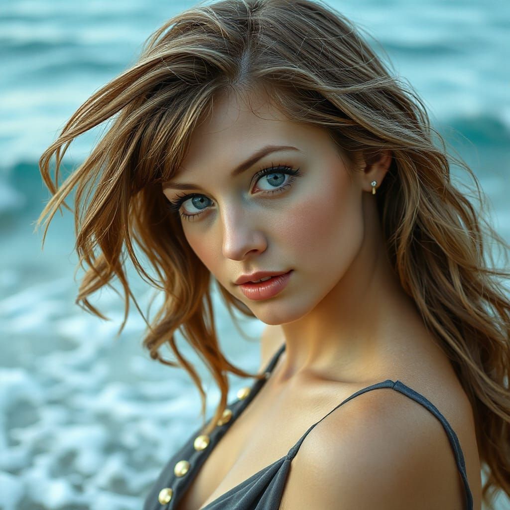 Woman on Seashore in Alphonse Mucha Style