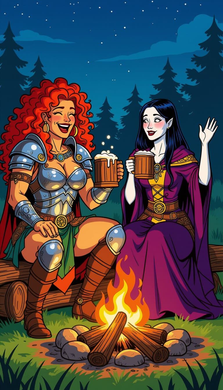 Ginger Warrior and Wizard by Campfire in 80s Cartoon Style