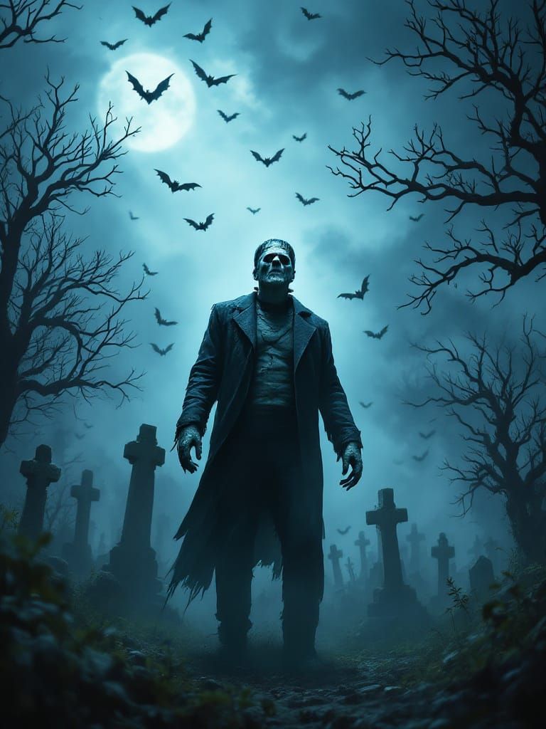 Halloween Cemetery Scene with Zombies and Bats