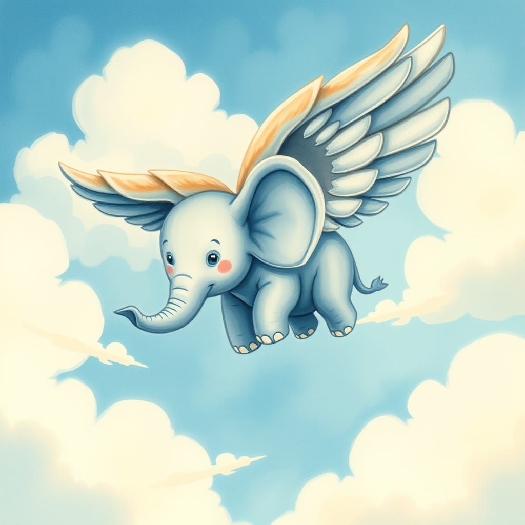 Whimsical Elephant Bird soars through Pastel Clouds