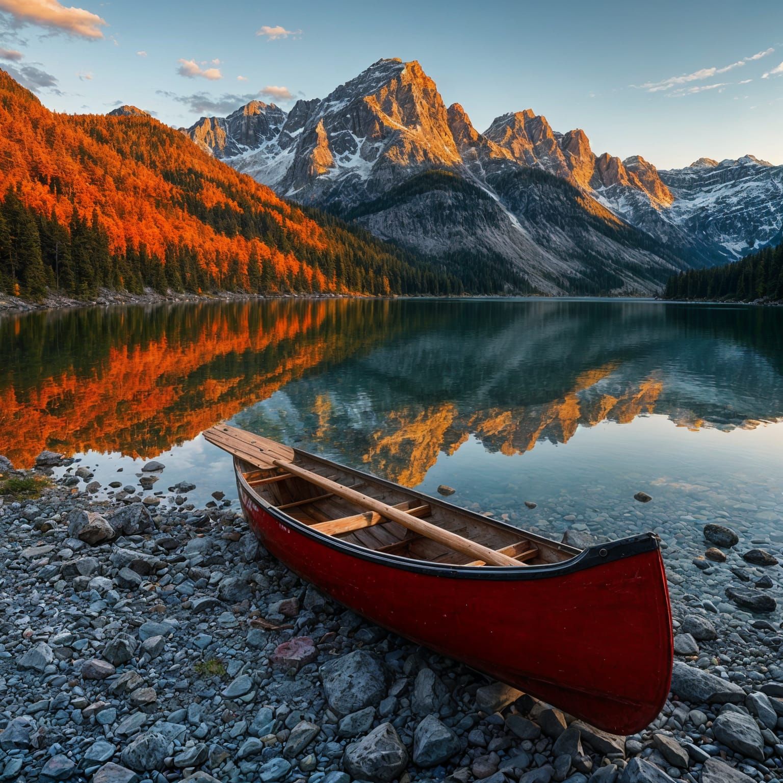 Autumn Sunset Over Canadian Rockies Alpine Lake with Red Can...