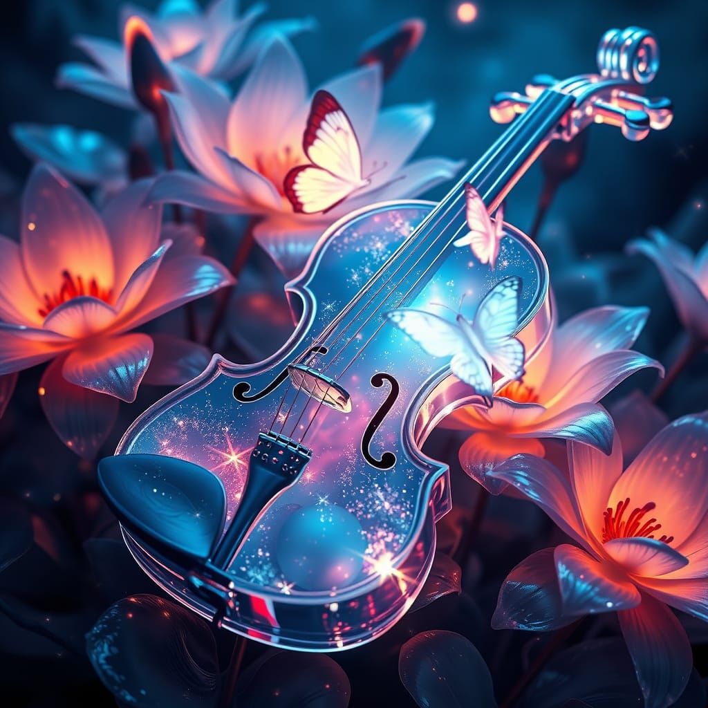 Crystal Violin Illuminated by Bioluminescent Lilies