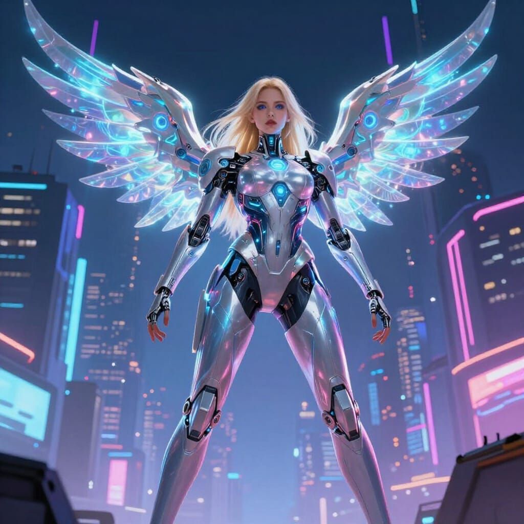 Cyberpunk Woman with Bioluminescent Wings